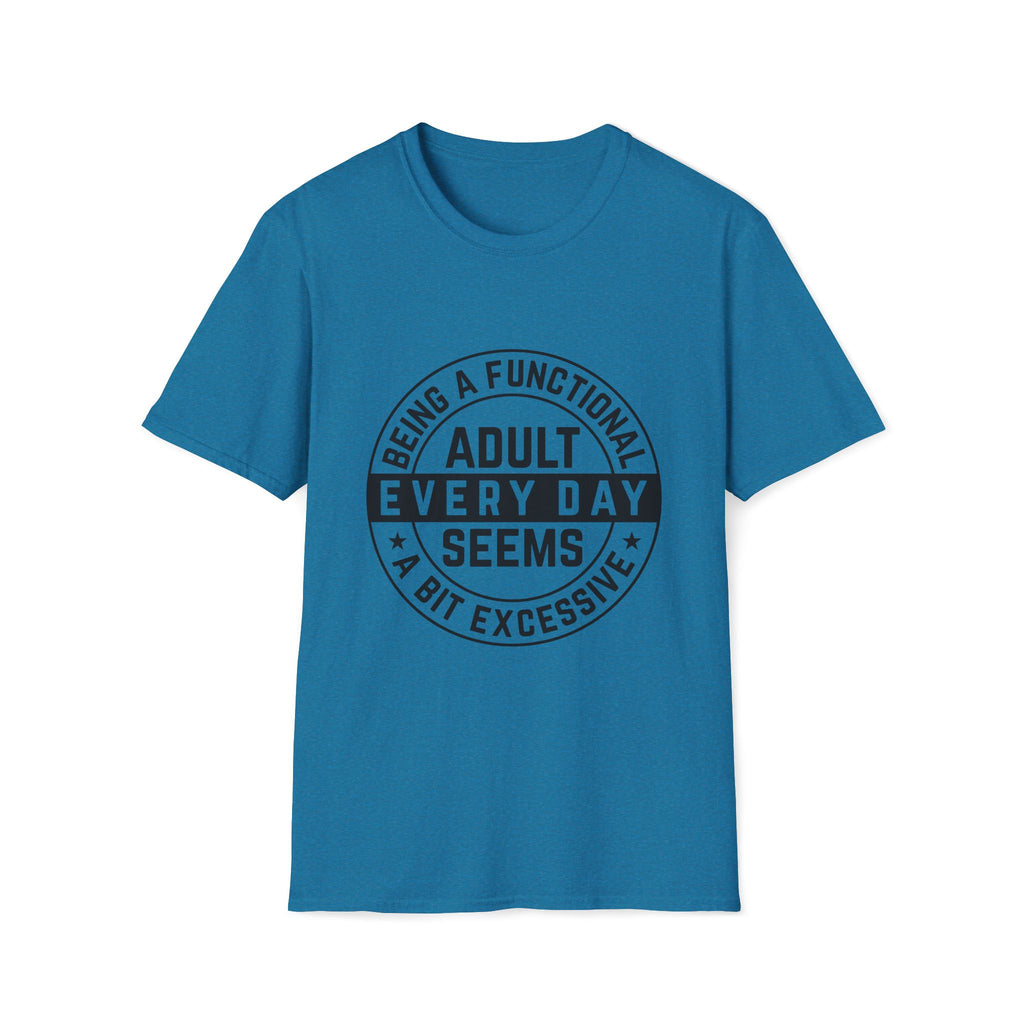 Blue t-shirt with black text on a white background