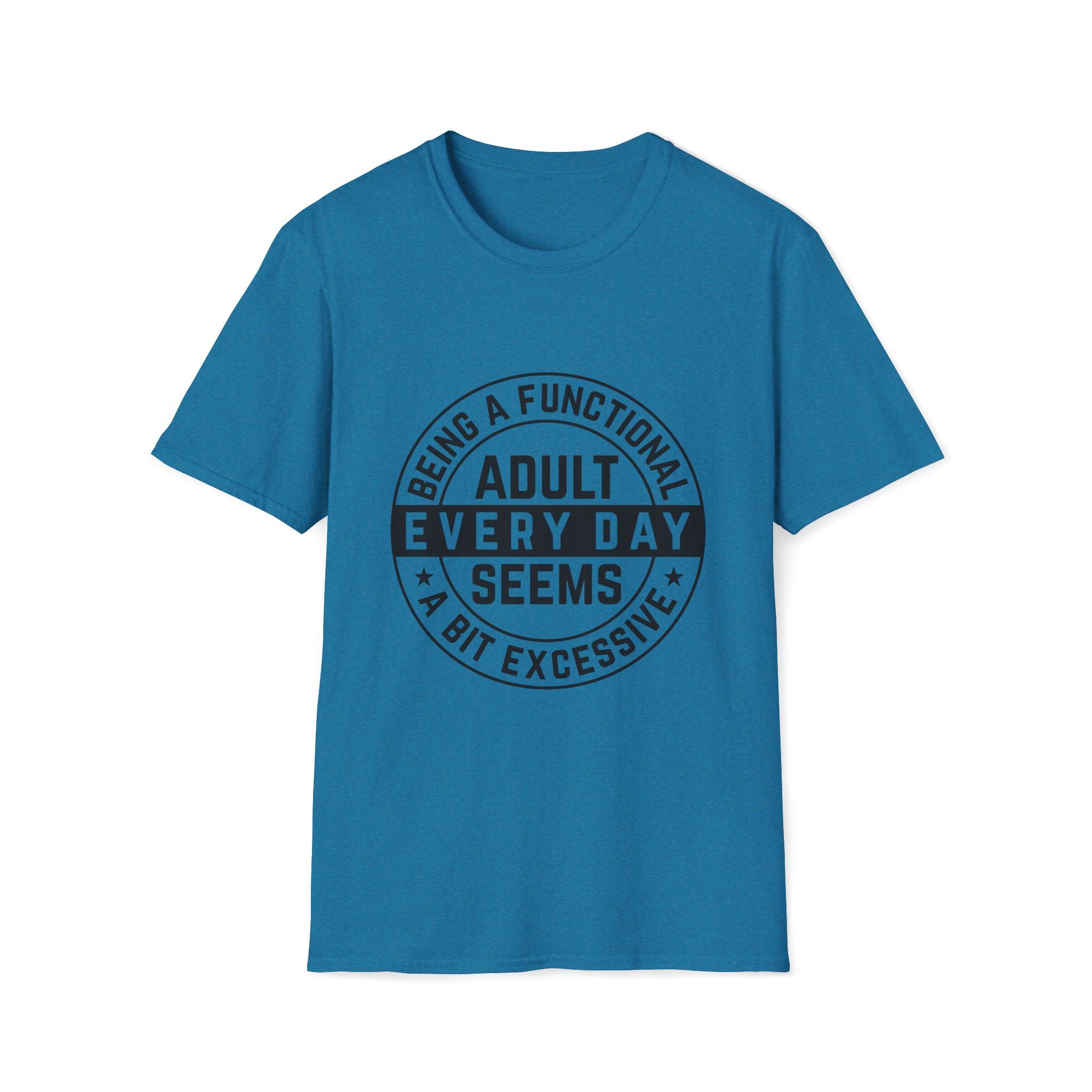 Blue t-shirt with black text on a white background