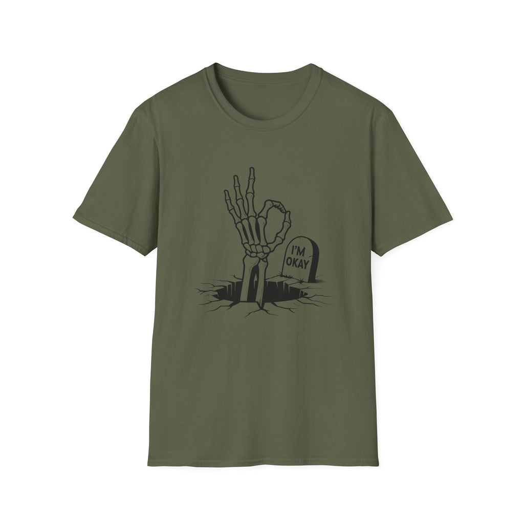 Green t-shirt with a skeleton hand and tombstone graphic on a white background