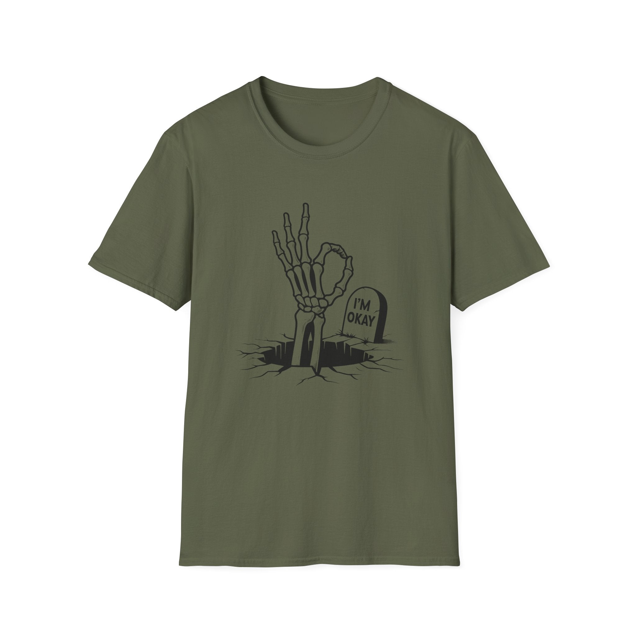 Green t-shirt with a skeleton hand and tombstone graphic on a white background