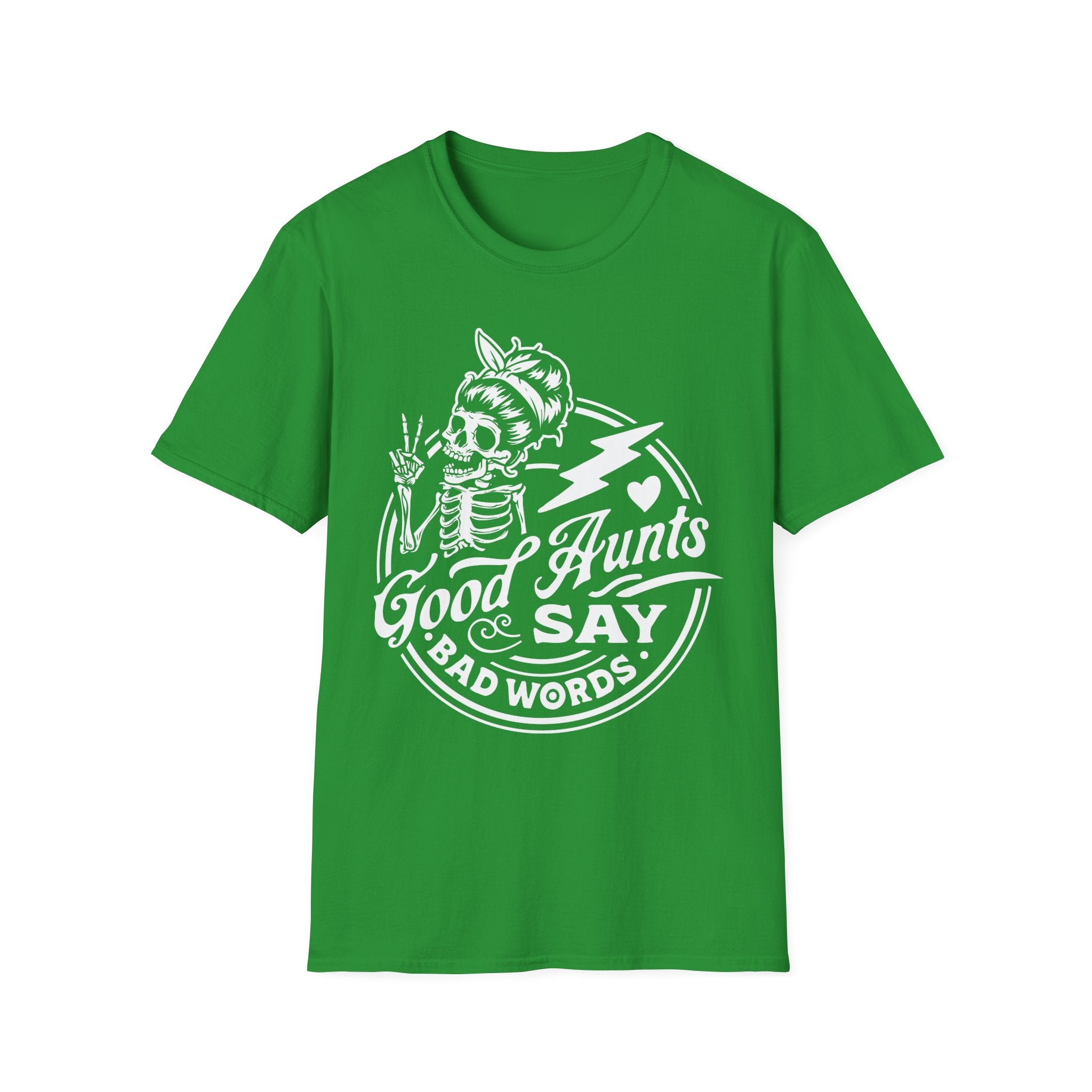 Green t-shirt with white graphic and text on a white background