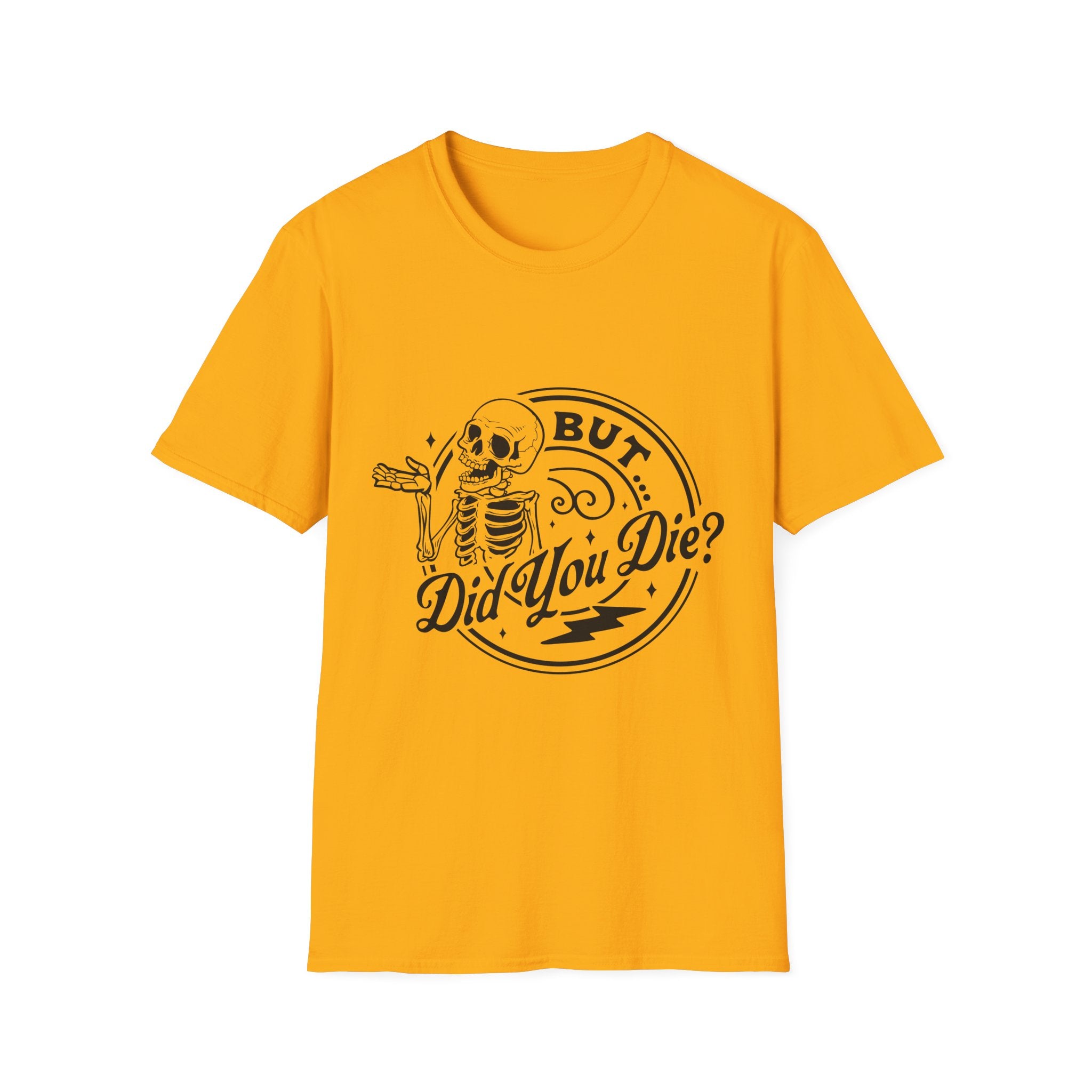 Yellow t-shirt with a skeleton graphic and text on a white background