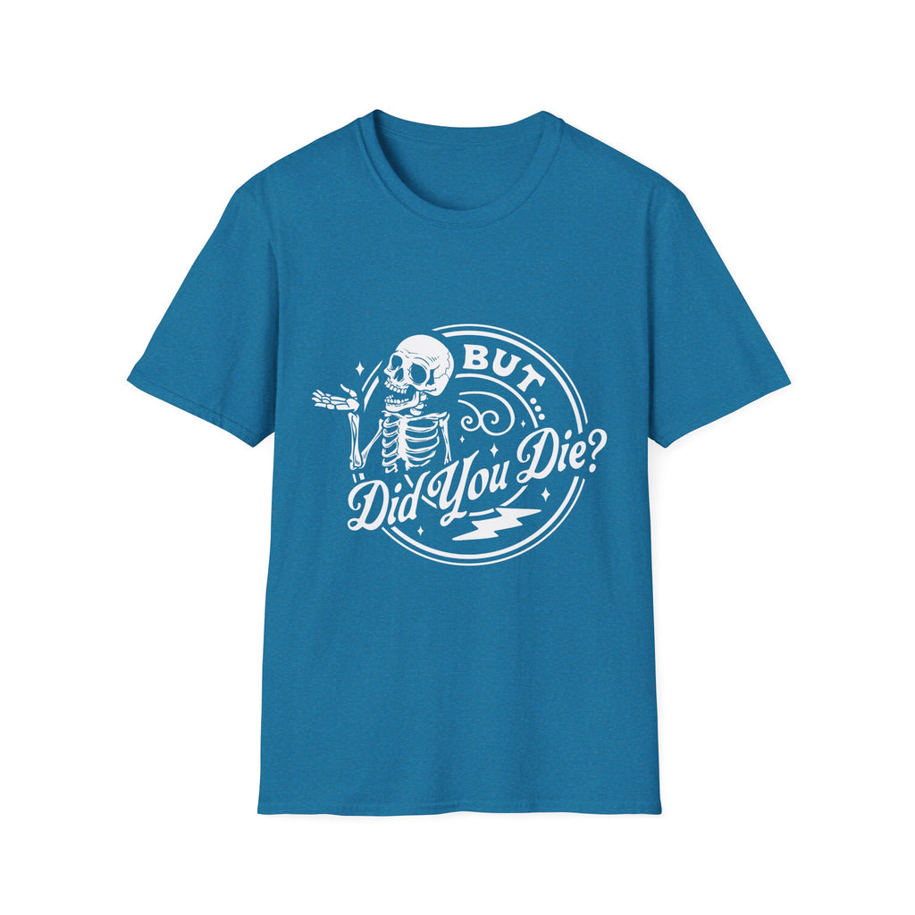 Blue t-shirt with a skeleton graphic and text on a white background