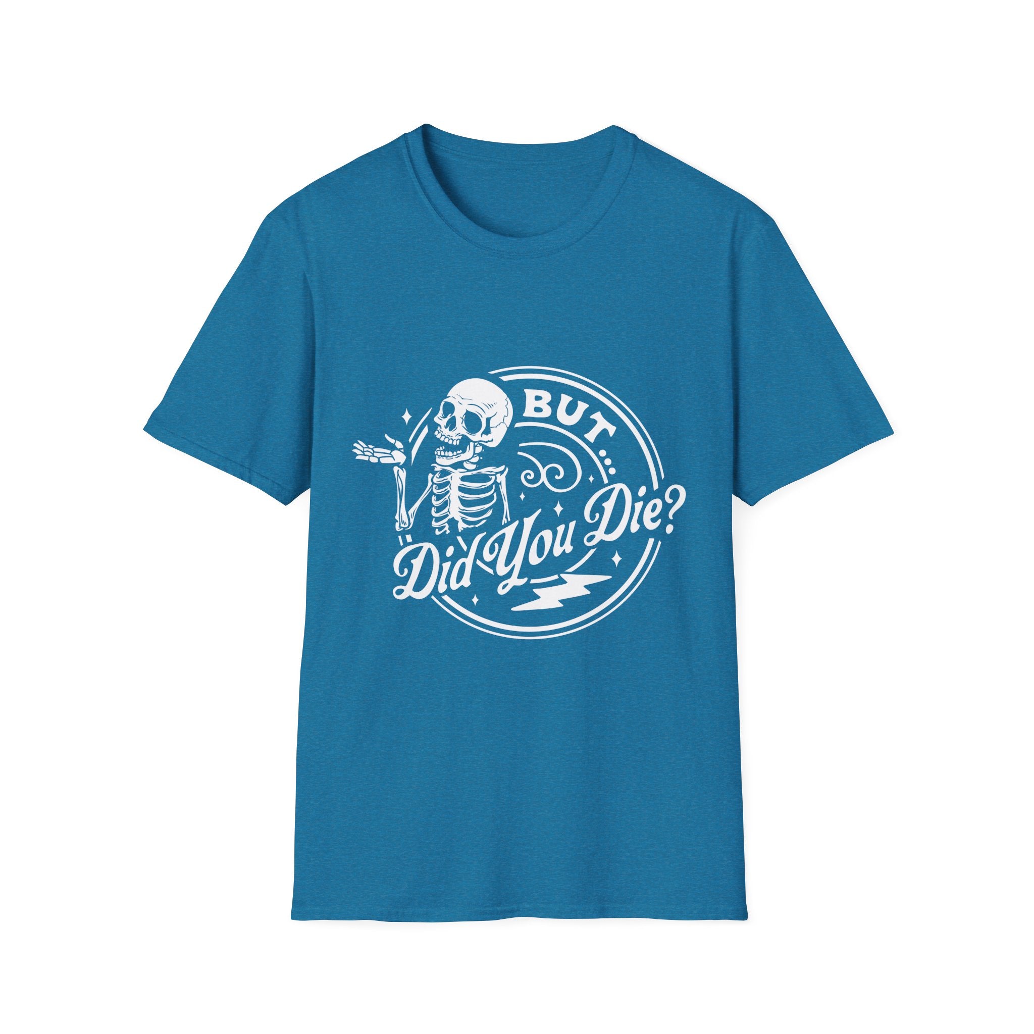 Blue t-shirt with a skeleton graphic and text on a white background