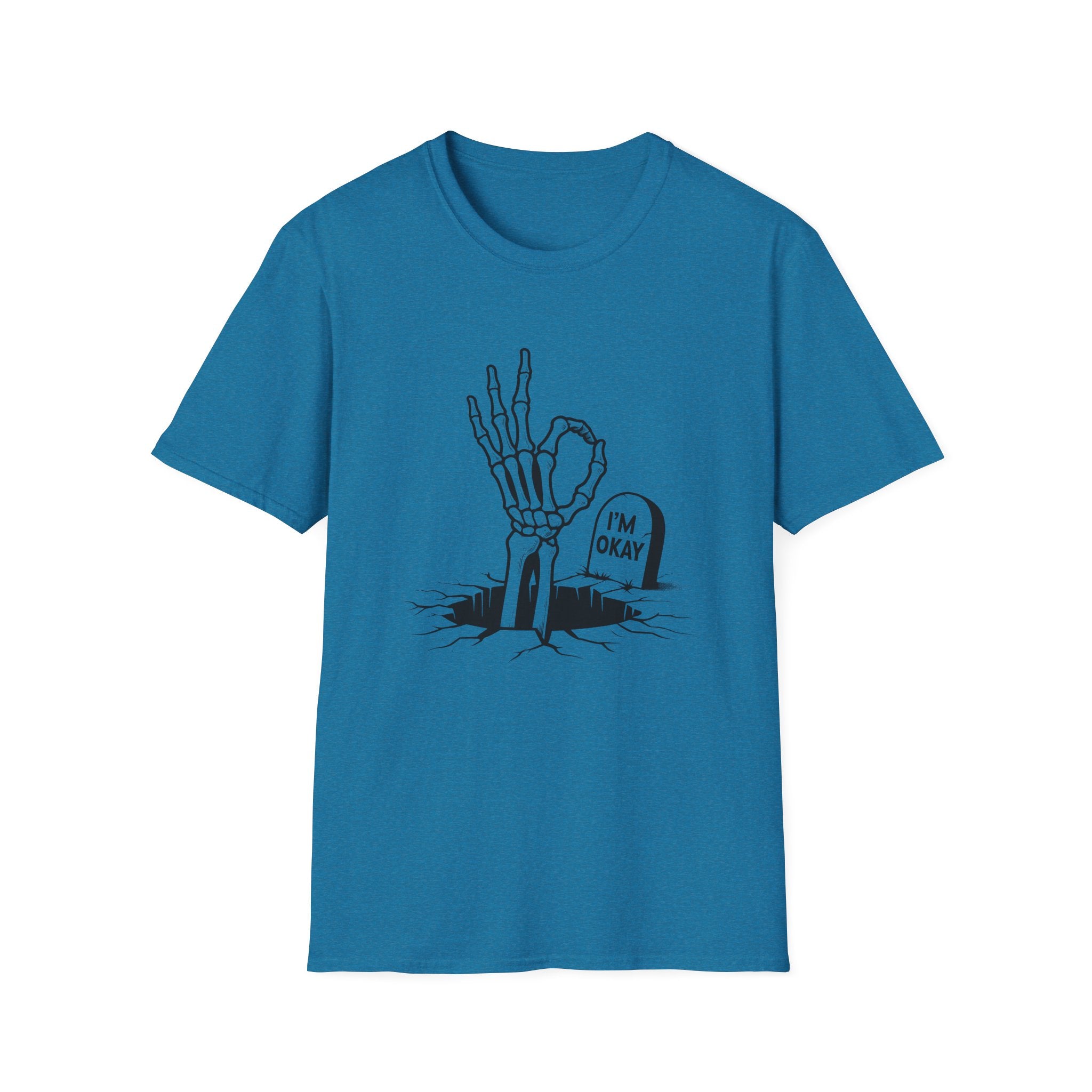 Blue t-shirt with a skeleton hand and tombstone graphic on a white background