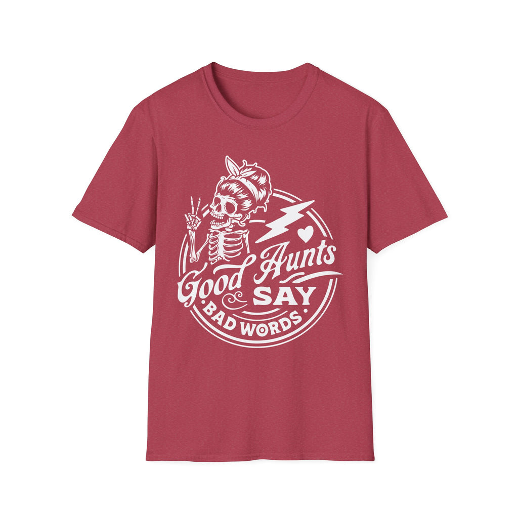 Red t-shirt with white graphic and text on a white background