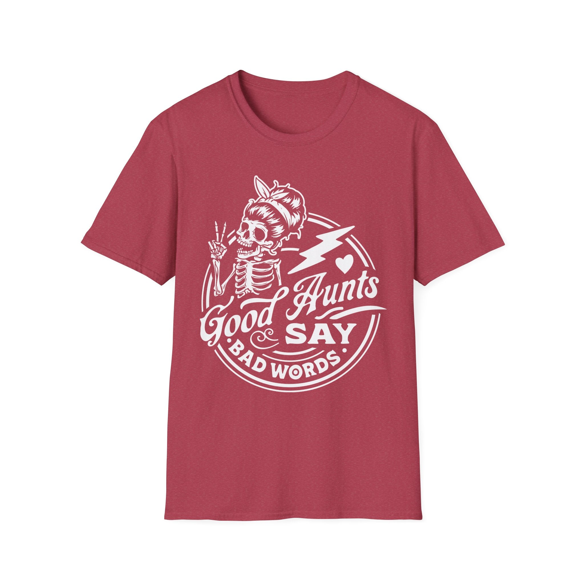 Red t-shirt with white graphic and text on a white background