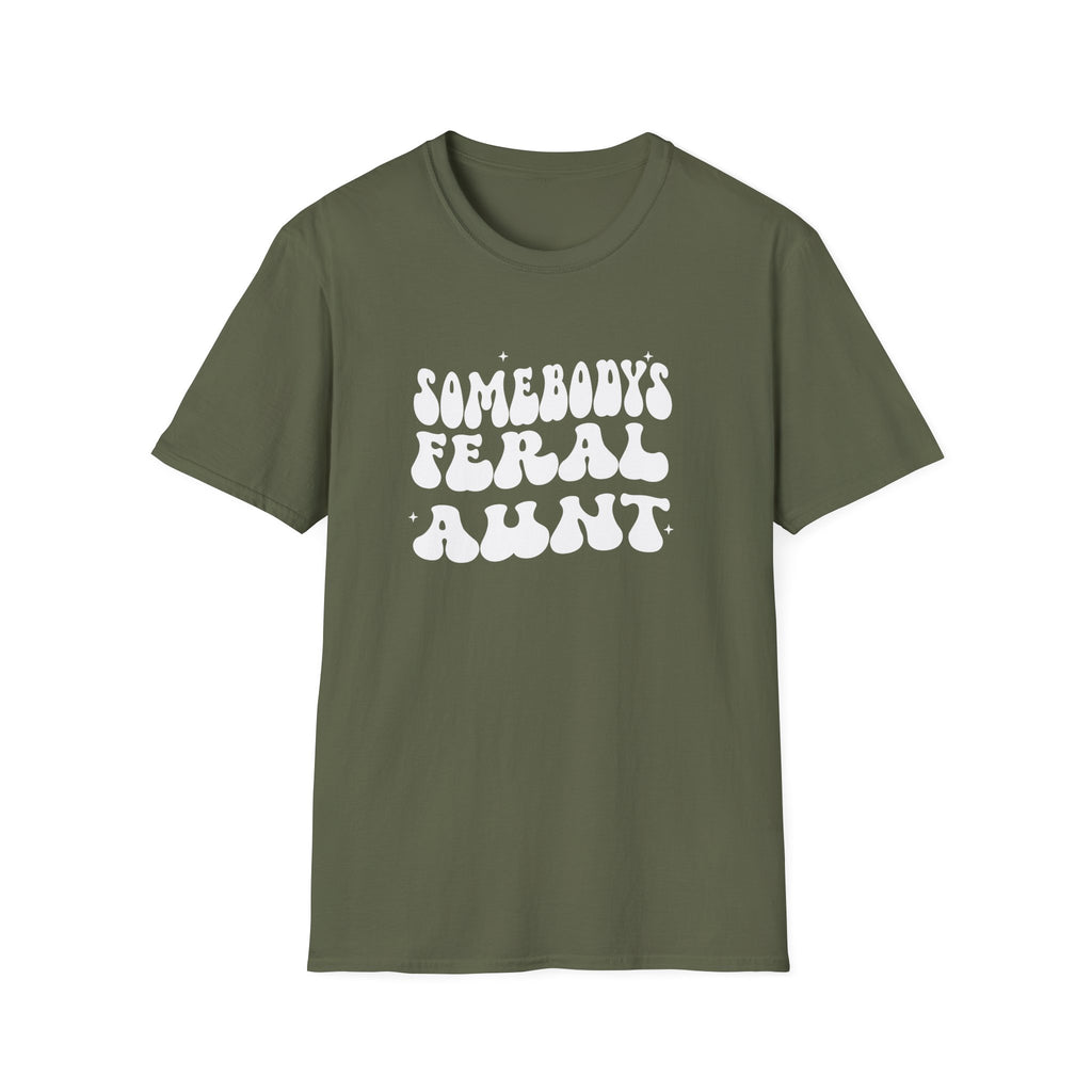 Green t-shirt with white text 'SOMEBODY'S FERAL AUNT' on a white background