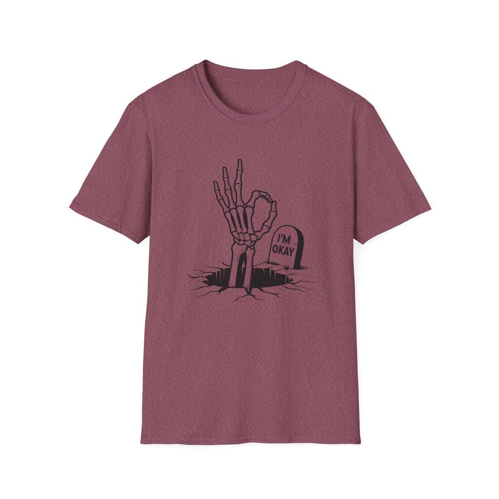 Maroon t-shirt with a skeleton hand graphic and text on a white background