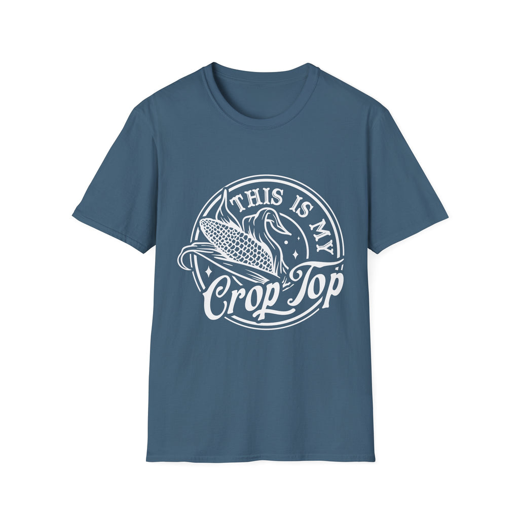 Blue t-shirt with 'This is my Crop Top' graphic on a white background