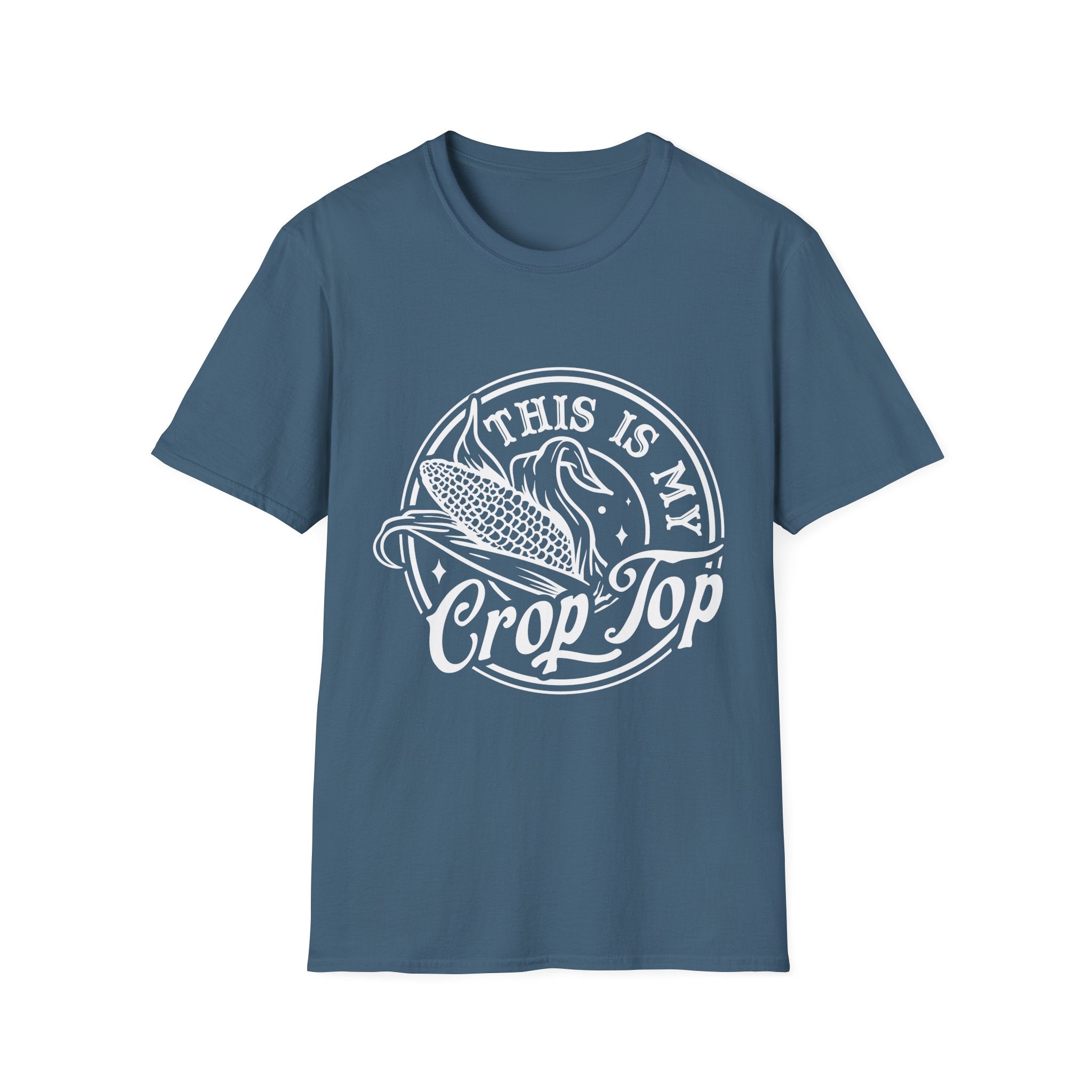Blue t-shirt with 'This is my Crop Top' graphic on a white background