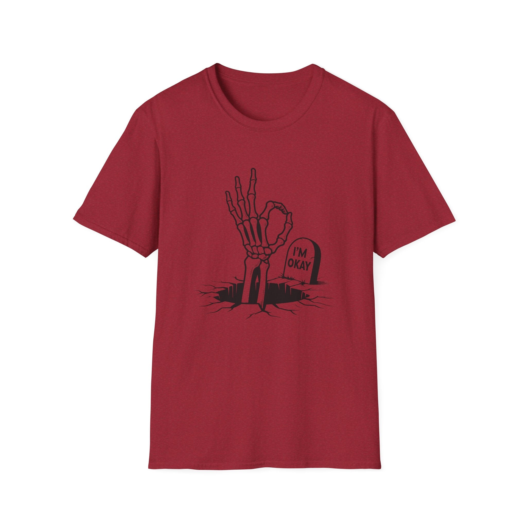 Red t-shirt with black graphic design on a white background