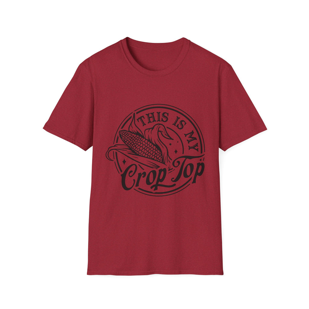 Red t-shirt with 'This is my Crop Top' text and graphic on a white background