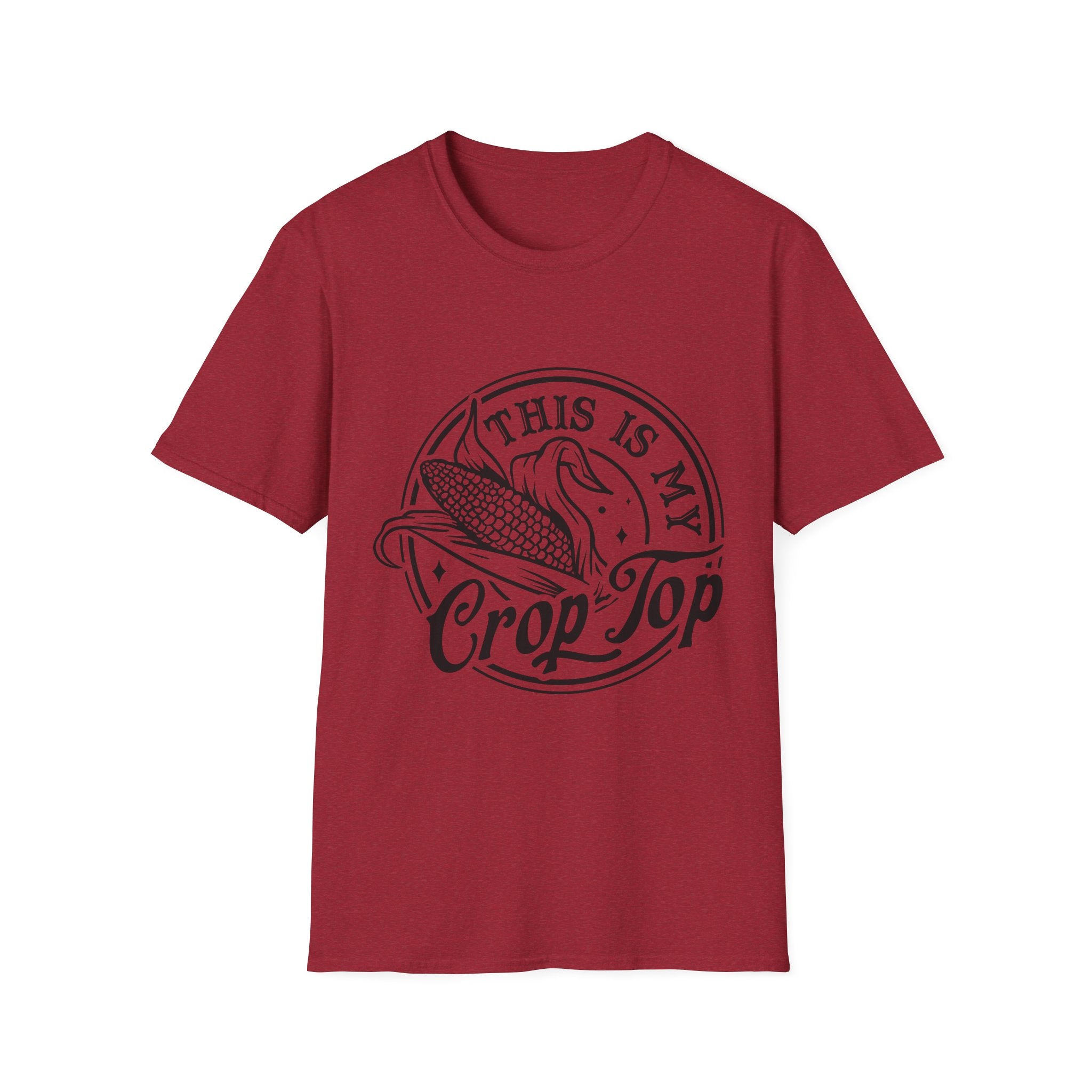Red t-shirt with 'This is my Crop Top' text and graphic on a white background