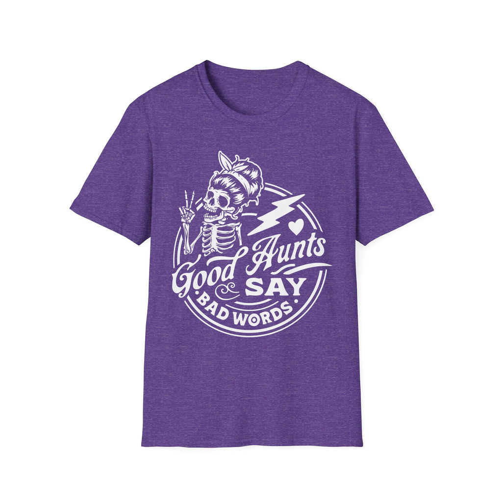 Purple t-shirt with white graphic and text on a white background