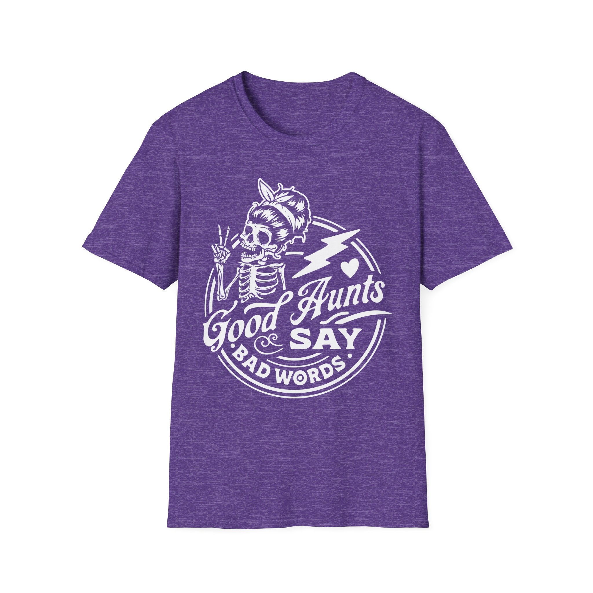 Purple t-shirt with white graphic and text on a white background