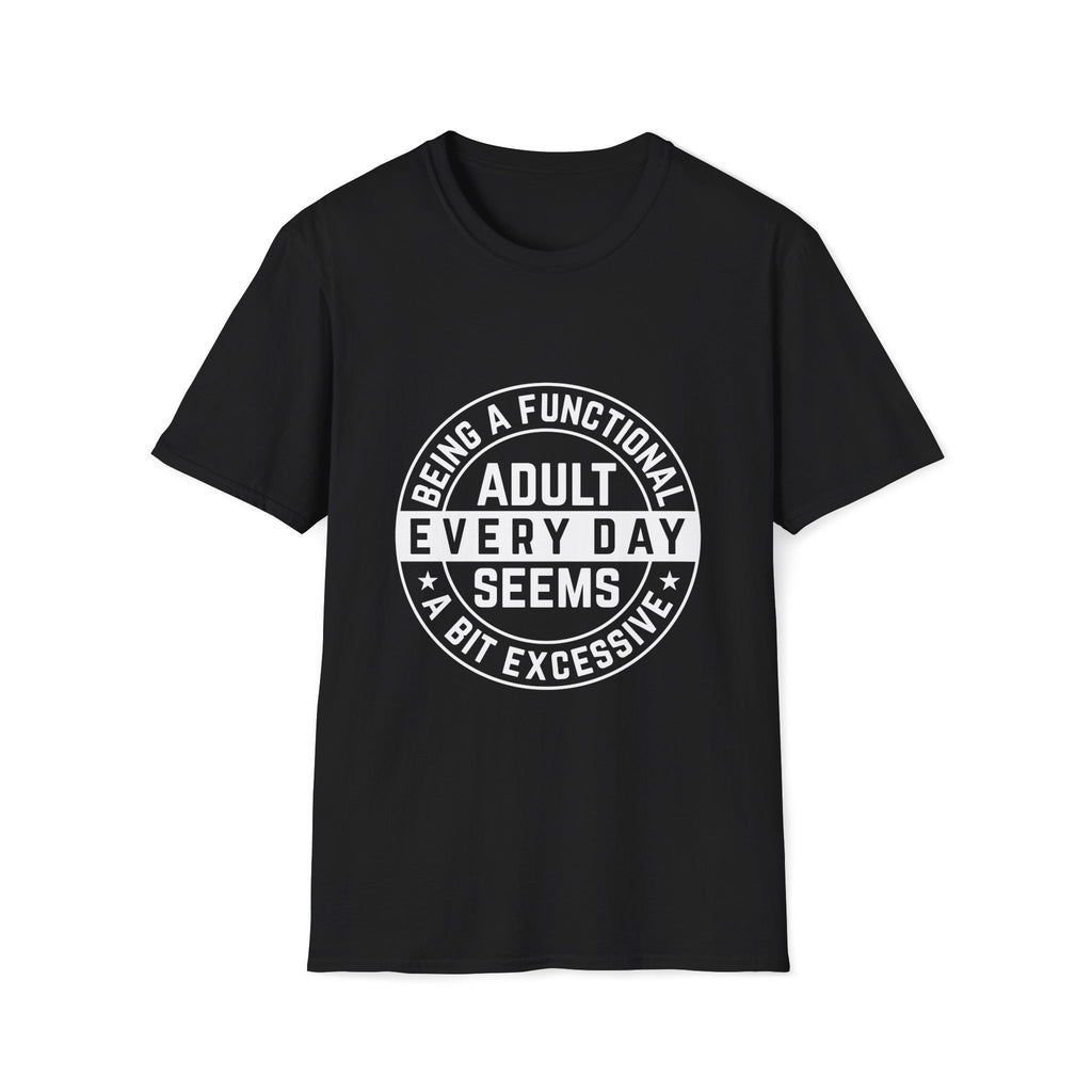 Black t-shirt with white text on a white background