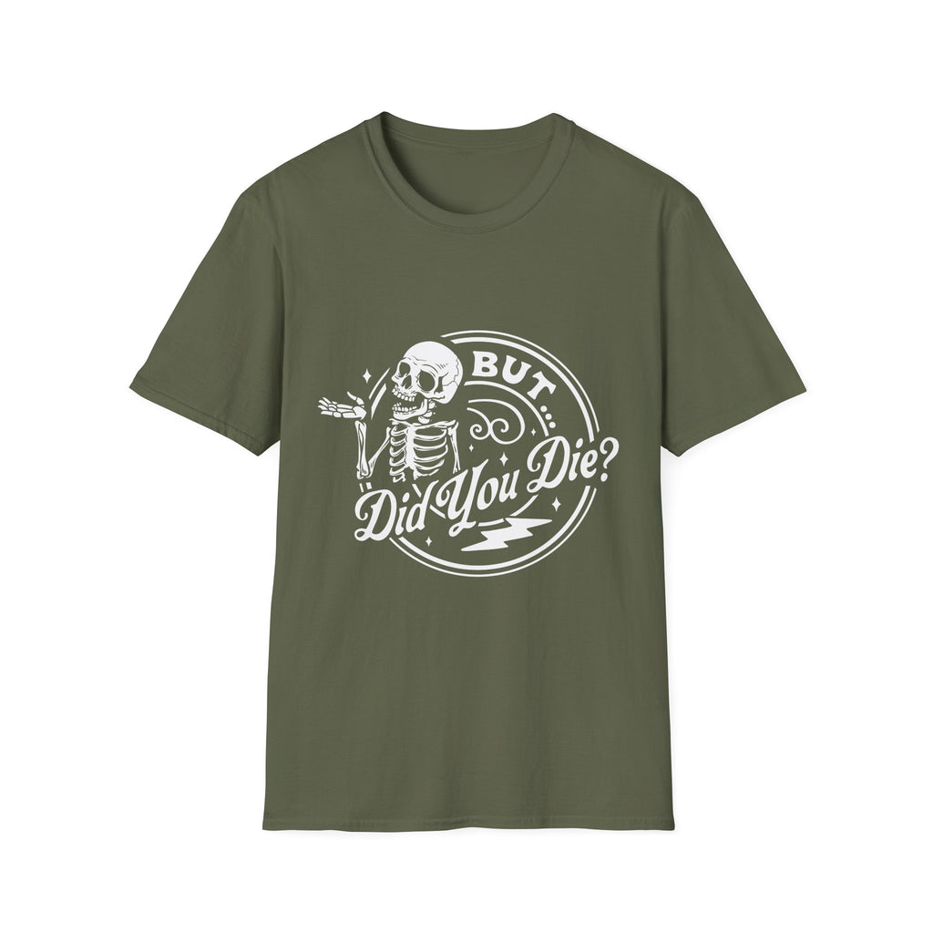 Green t-shirt with a skeleton graphic and text on a white background