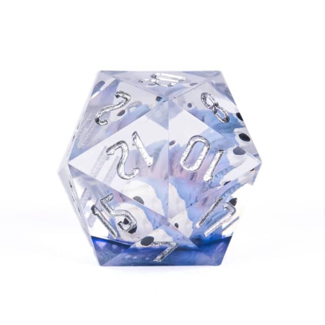 Translucent blue and white polyhedral dice with silver numbers on a white background