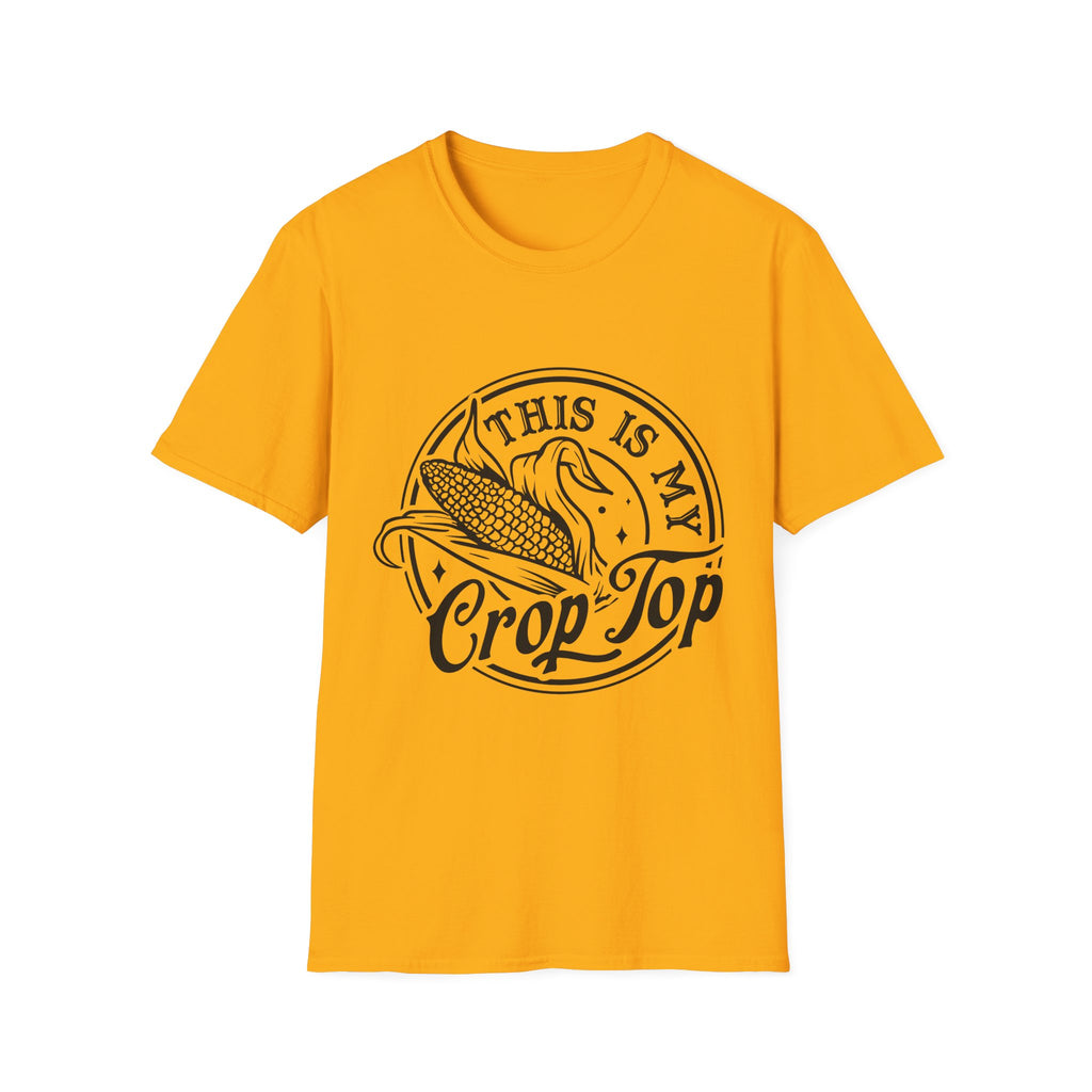 Yellow t-shirt with black graphic and text on a white background