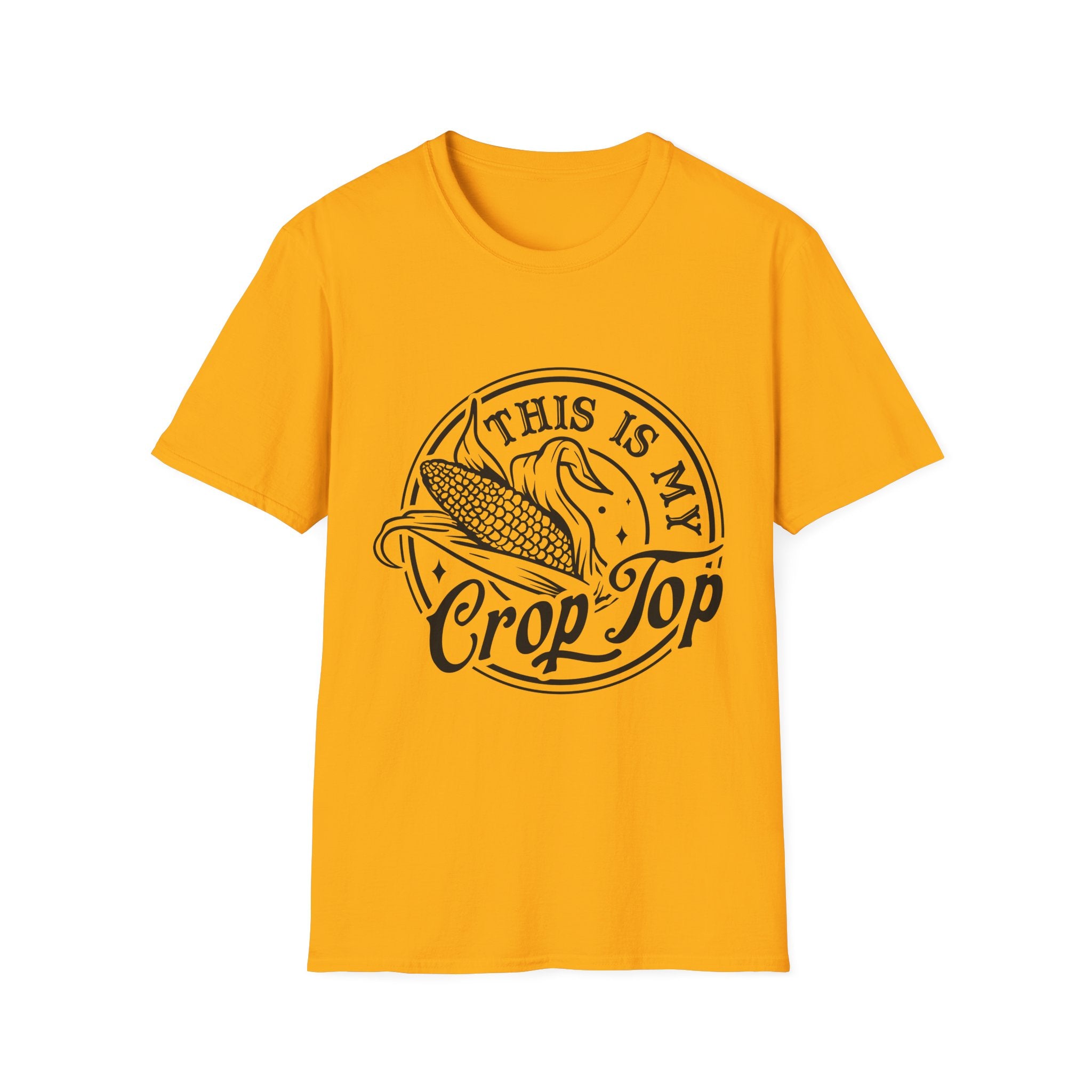 Yellow t-shirt with black graphic and text on a white background