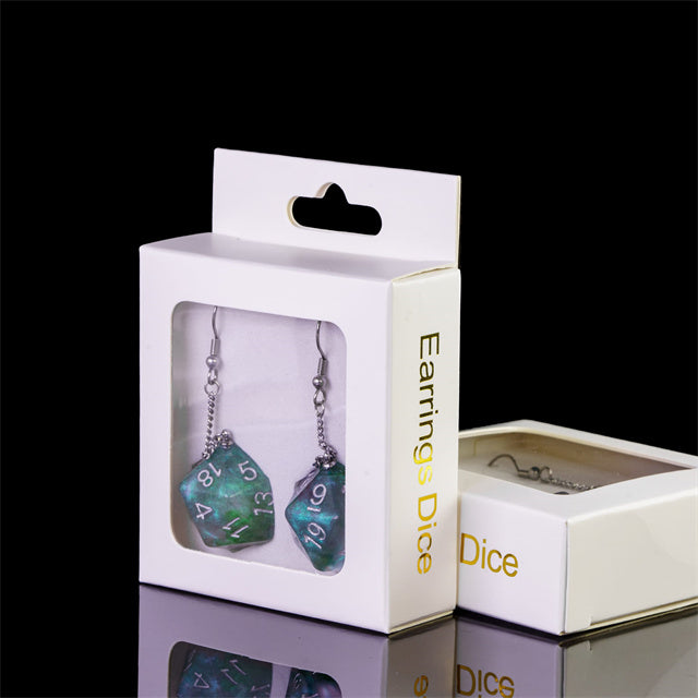 Earrings shaped like dice in a white packaging box with 'Dice' text.