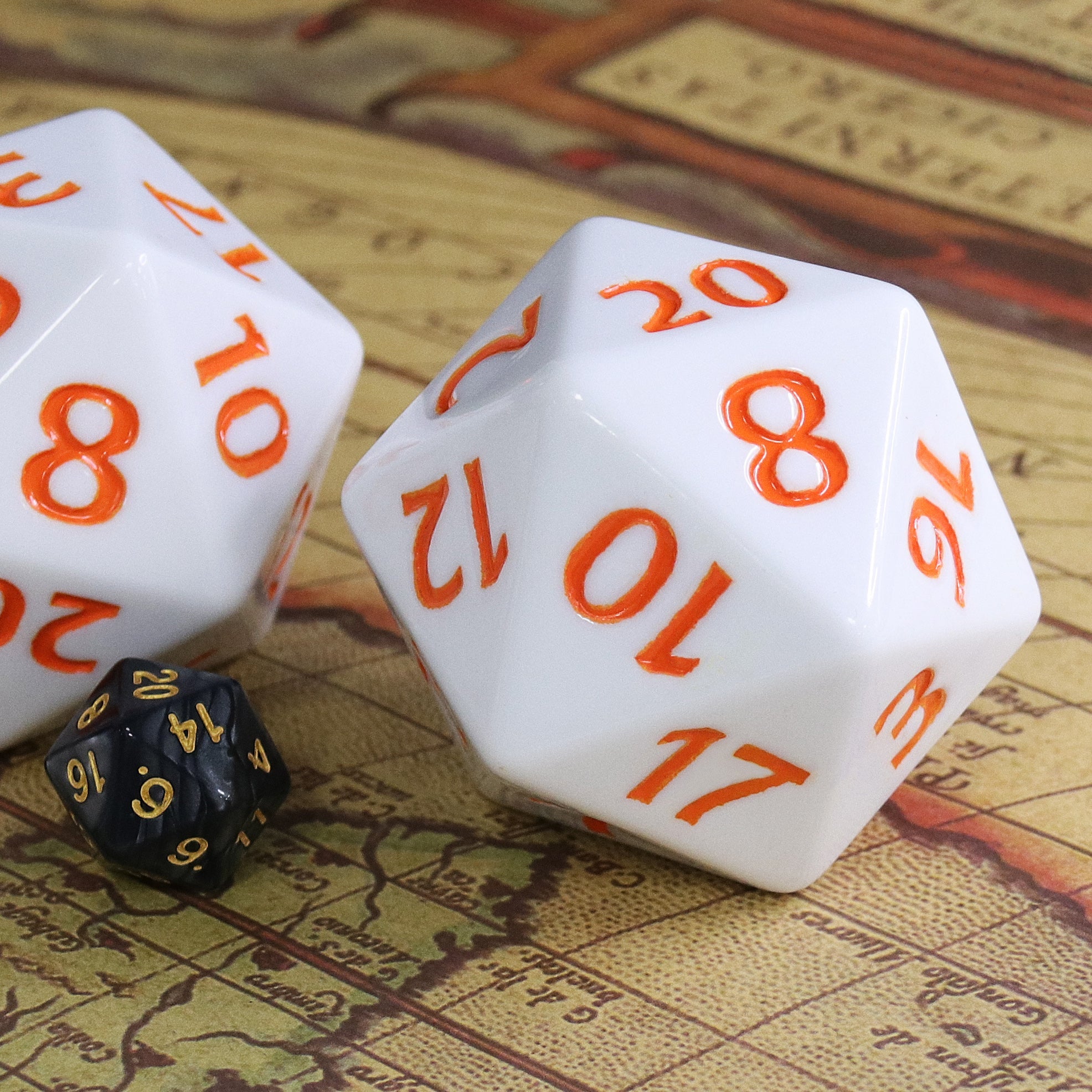 55mm Titan d20 (White with Orange) Huge d20 for DND RPG