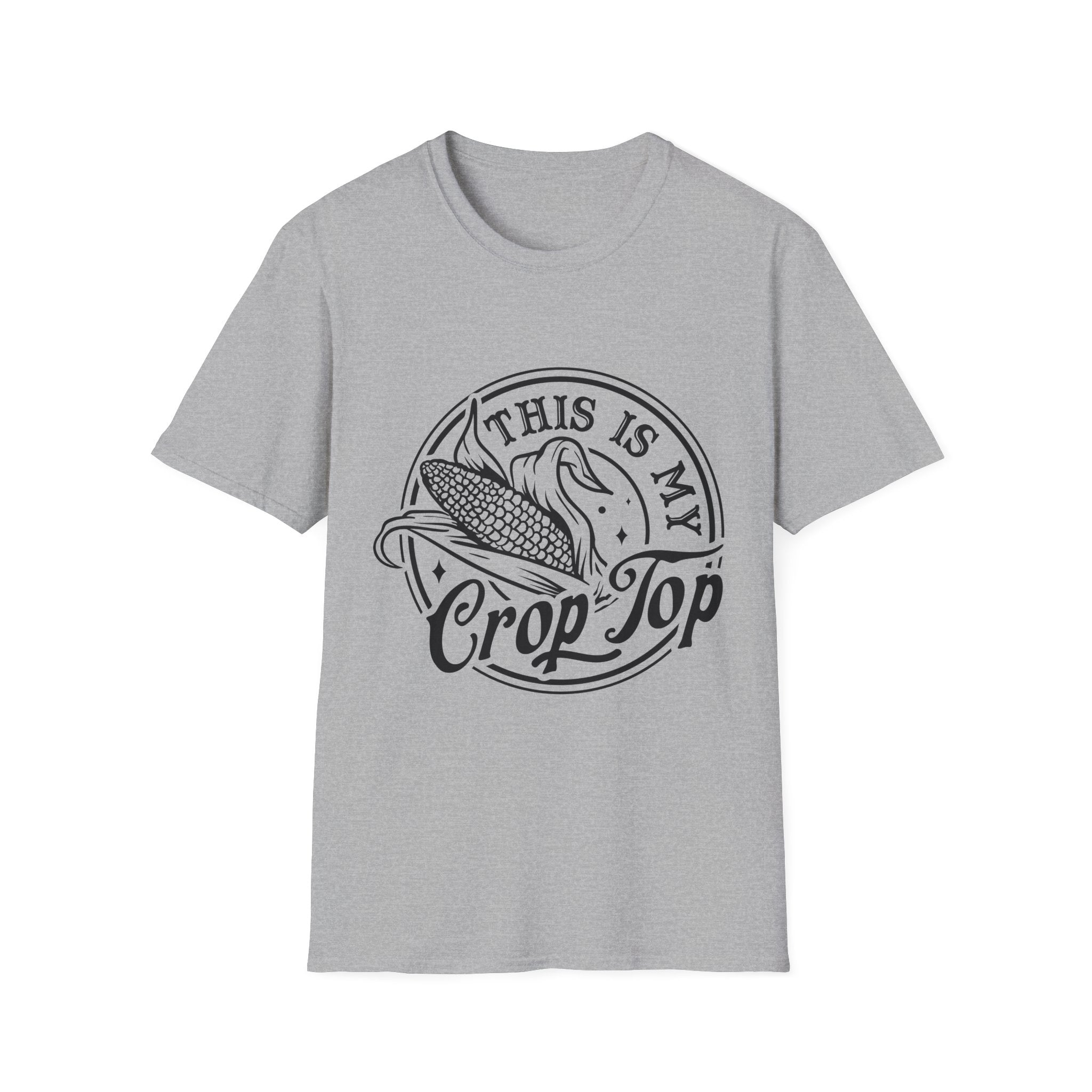 Gray t-shirt with 'This is my Crop Top' graphic design on a white background