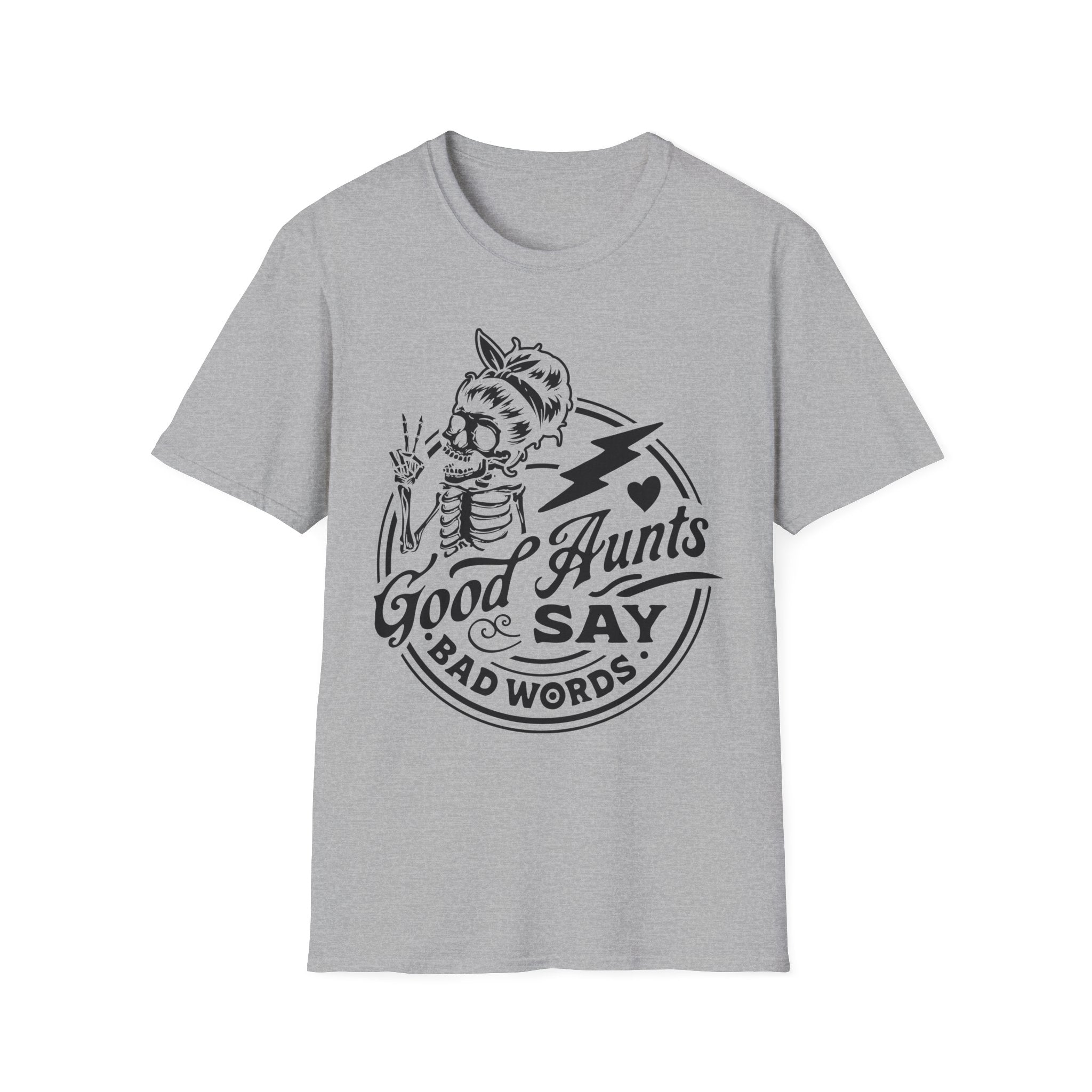 Gray t-shirt with black graphic and text on a white background