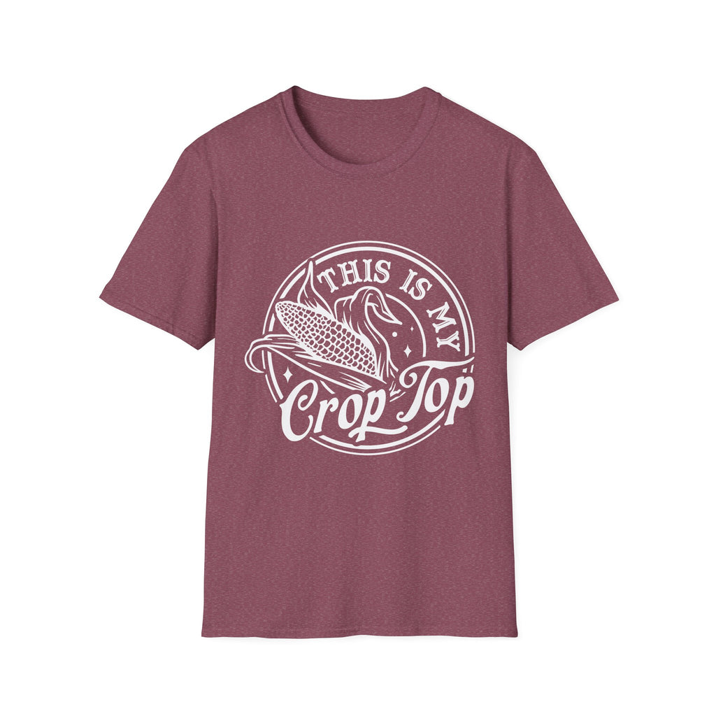 Maroon t-shirt with white graphic and text 'This is my Crop Top' on a white background