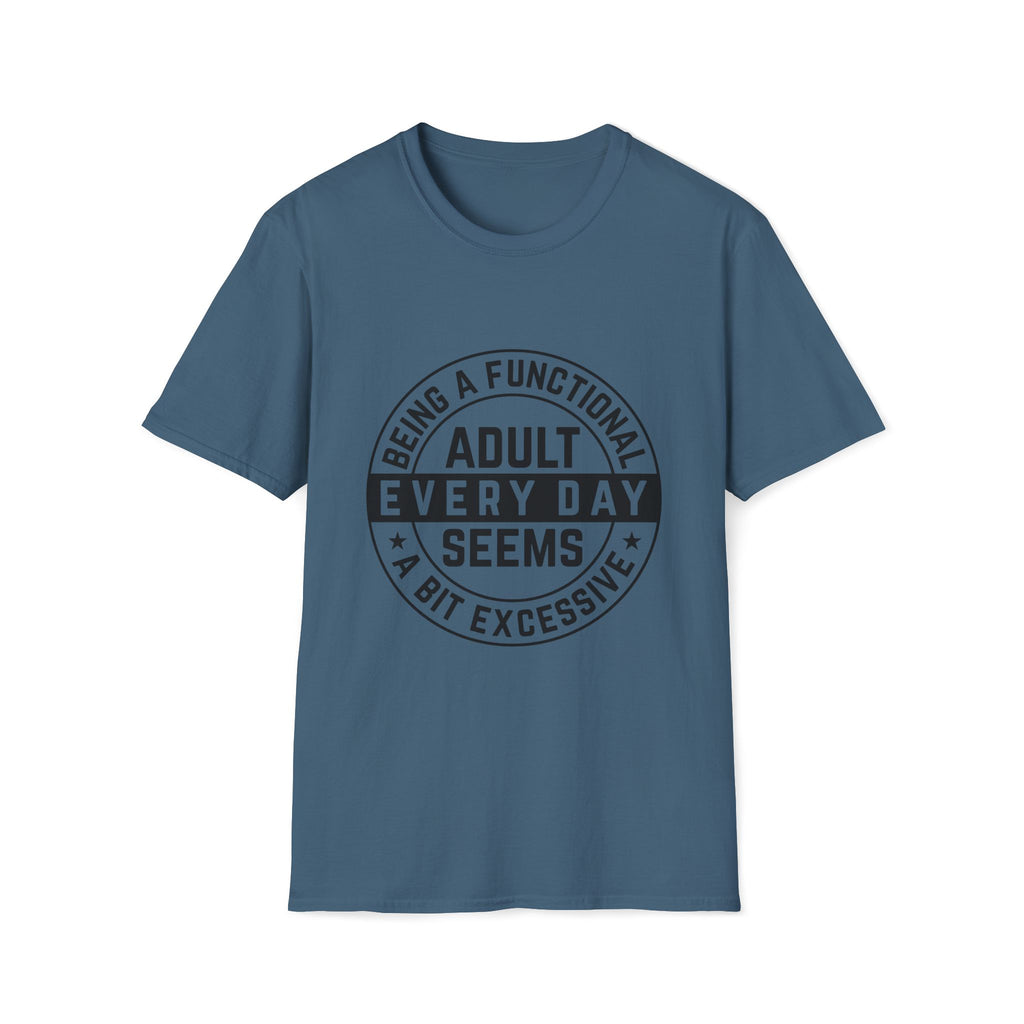 Blue t-shirt with black text on a white background