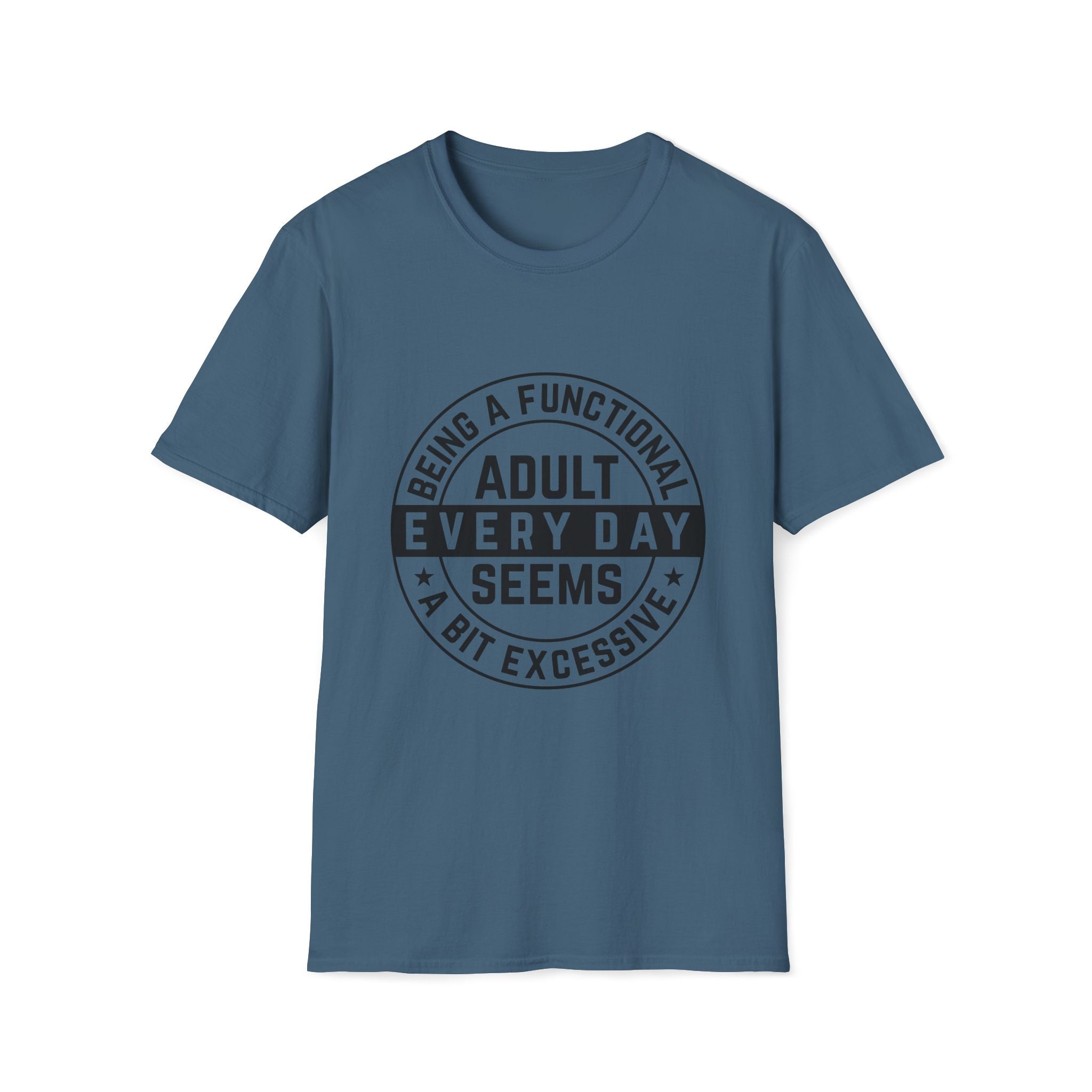 Blue t-shirt with black text on a white background