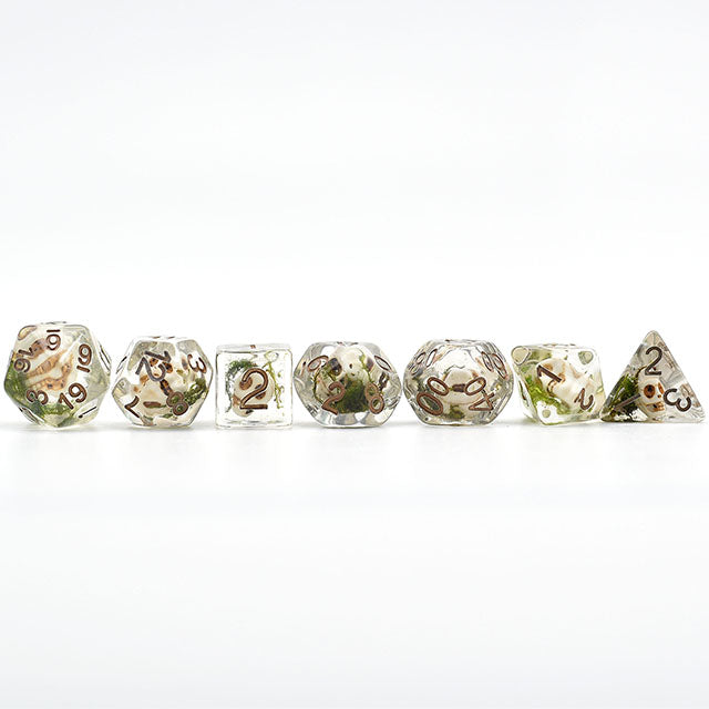 Set of dice with nature-themed design on a white background