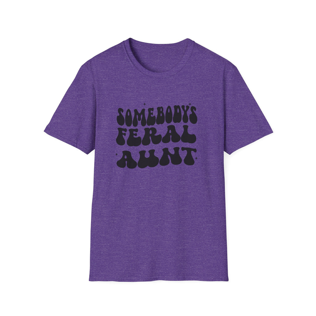 Purple t-shirt with black text on a white background