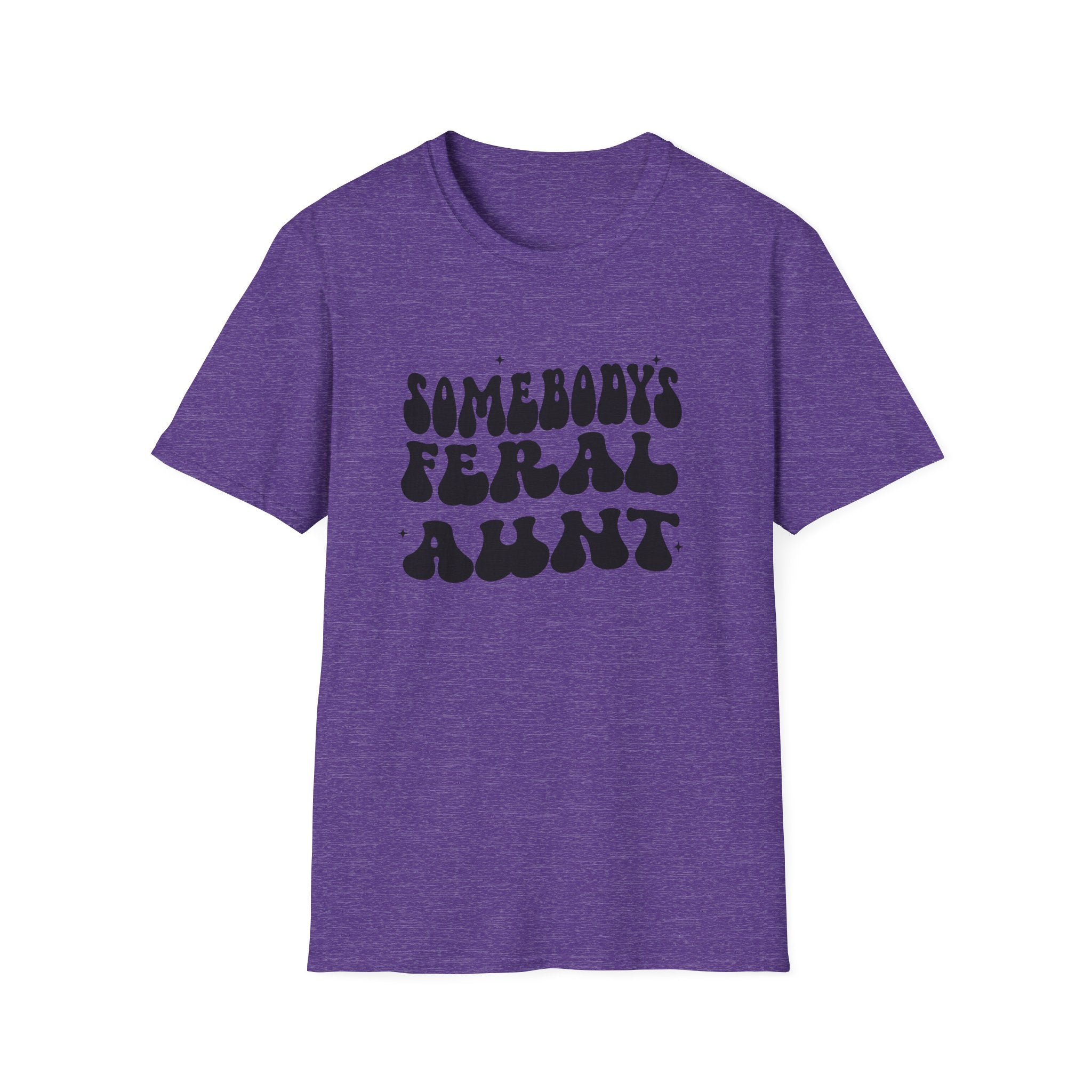 Purple t-shirt with black text on a white background