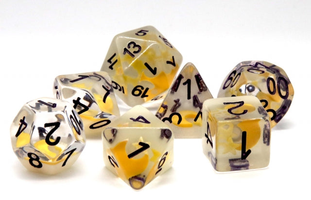 Set of dice with yellow and black numbers on a white background