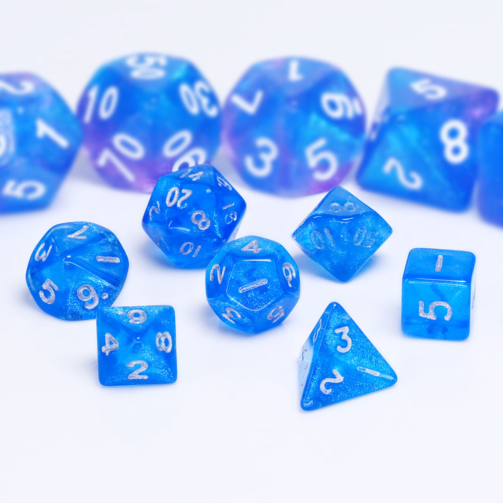 Glitter 7-Dice Mini-Dice RPG Set Blue w/Silver Numbers Miniature Dice