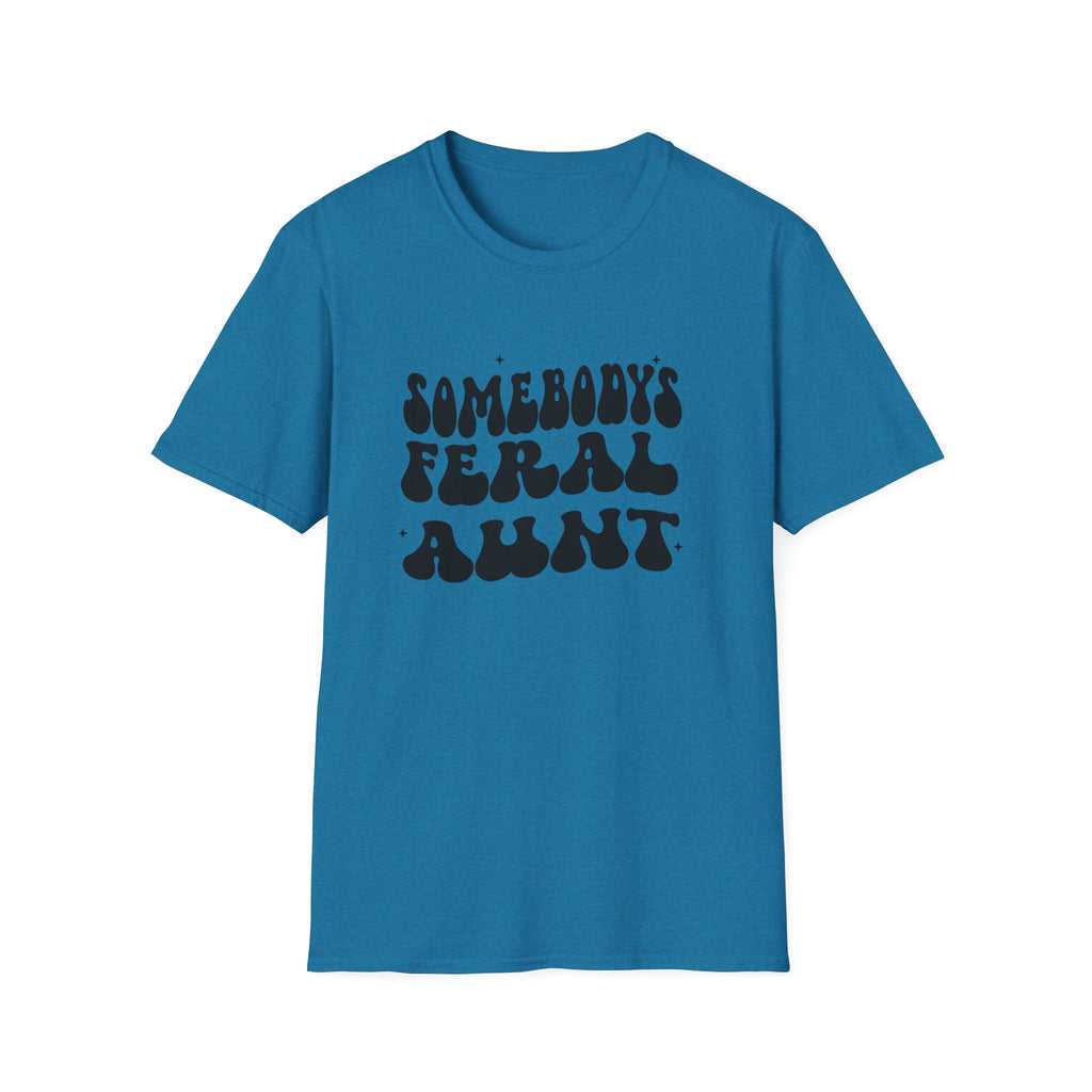 Blue t-shirt with black text on a white background