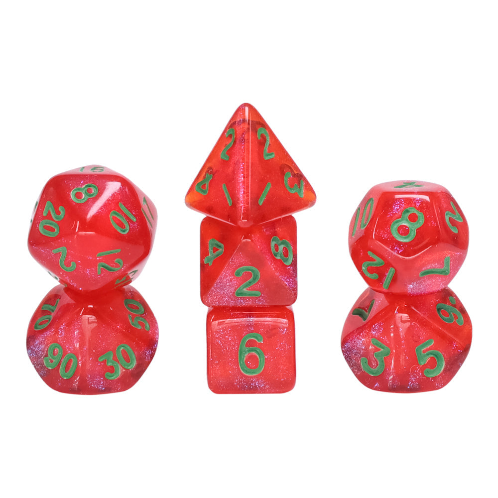 Glitter Red 7-Dice Mini-Dice RPG Set w/Green Numbers Miniature Dice