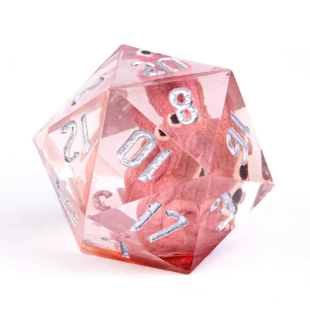 Translucent pink polyhedral dice with silver numbers on a white background