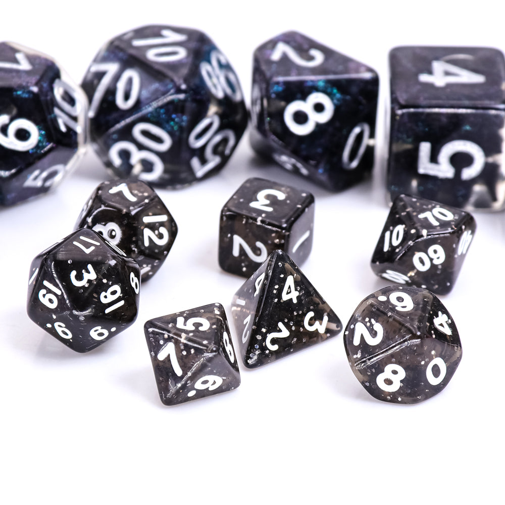 Glitter 7-Dice Mini-Dice RPG Set Black w/White Numbers Miniature Dice