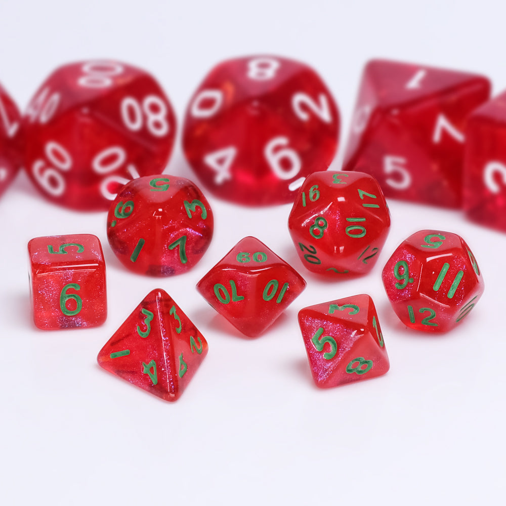 Glitter Red 7-Dice Mini-Dice RPG Set w/Green Numbers Miniature Dice