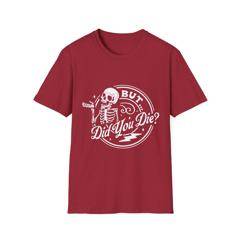 Red t-shirt with a skeleton graphic and text on a white background