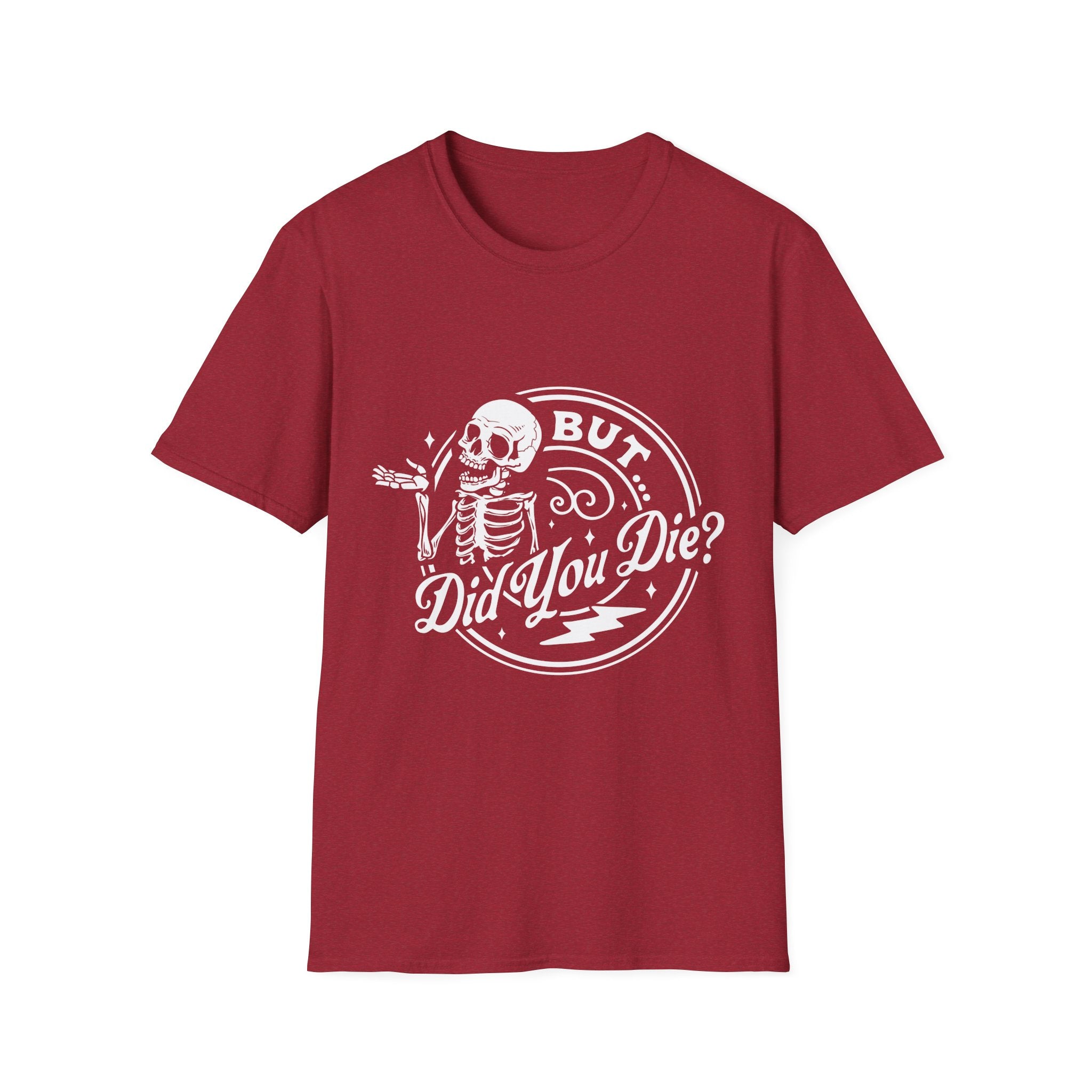 Red t-shirt with a skeleton graphic and text on a white background