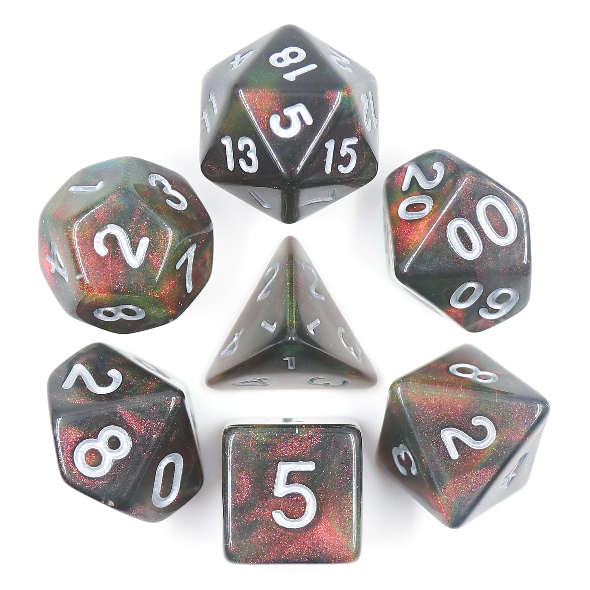 Set of polyhedral dice with red and black marbled pattern on a white background