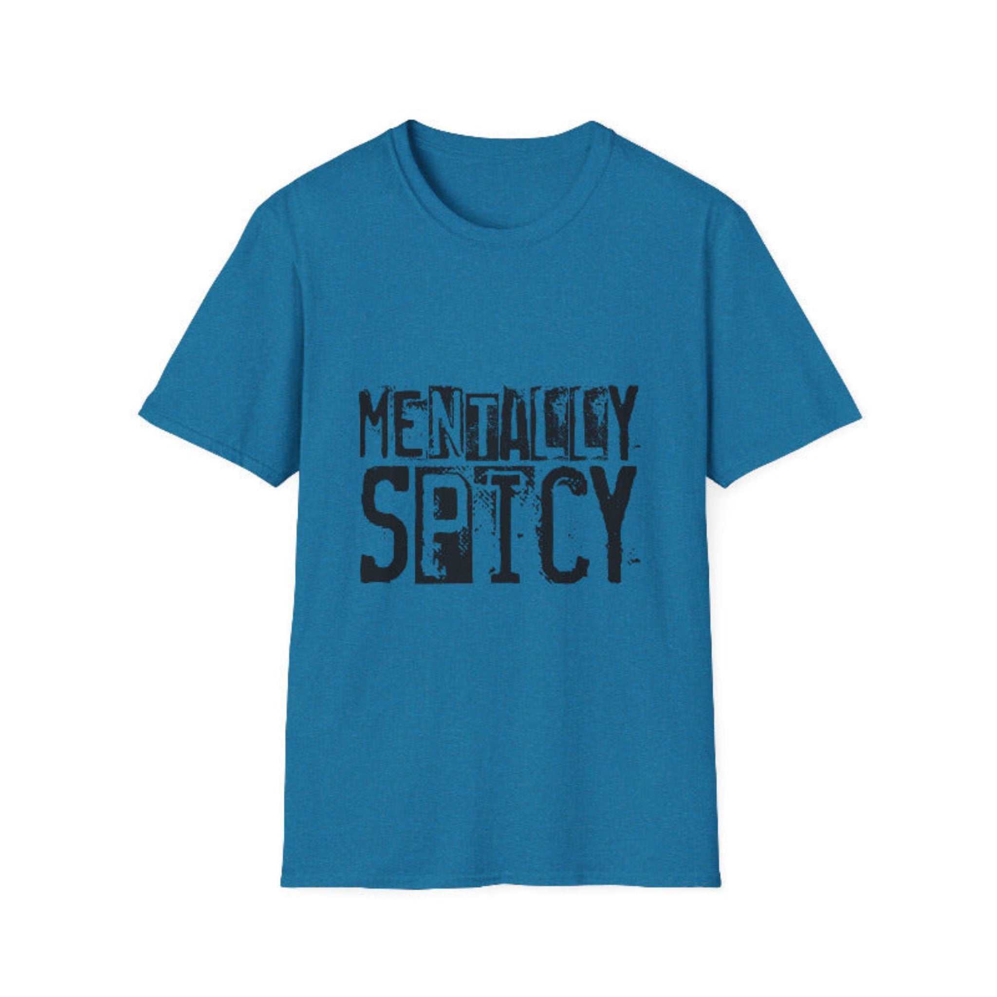 Blue t-shirt with 'Mentally Spicy' text on a white background