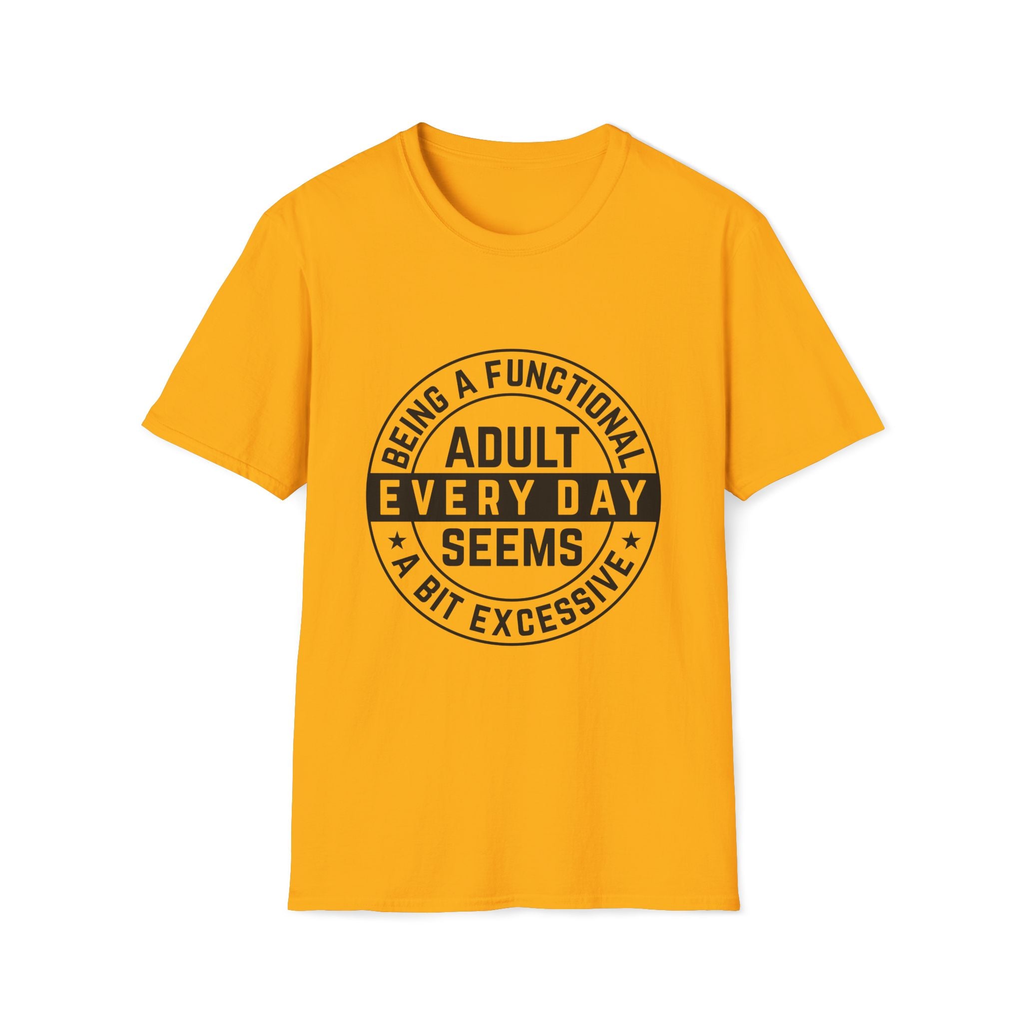 Yellow t-shirt with black text on a white background