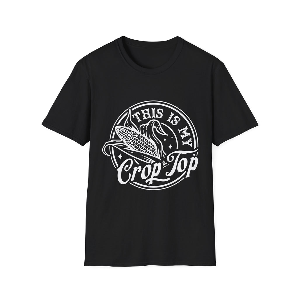 Black t-shirt with white graphic and text 'This is my Crop Top' on a white background