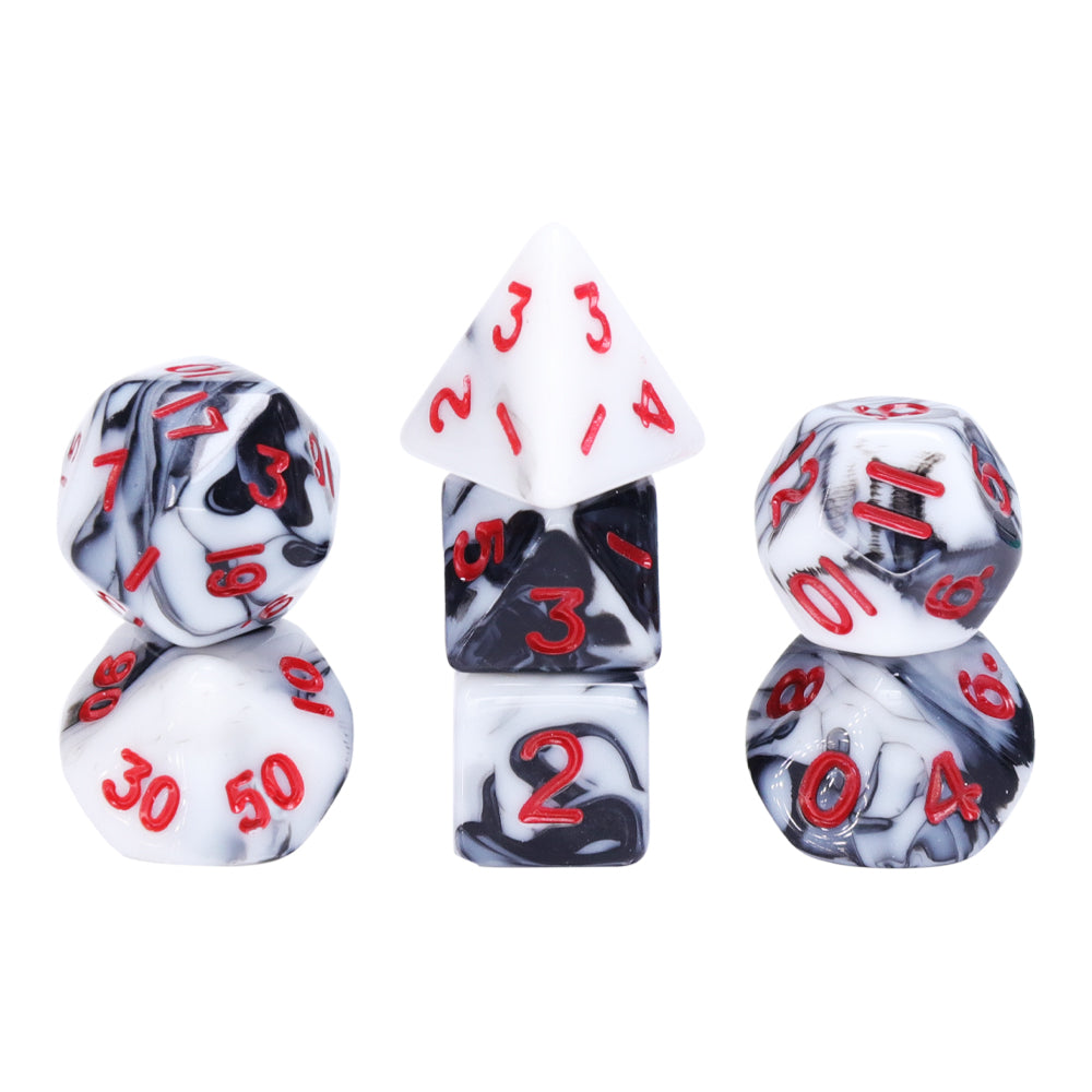 Black-White Blend 7-Dice Mini-Dice RPG Set w/Red Numbers Miniature Dice