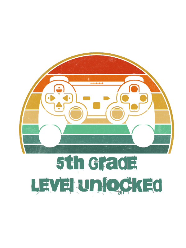  retro video game controller design with '5th Grade Level Unlocked' text on a white background